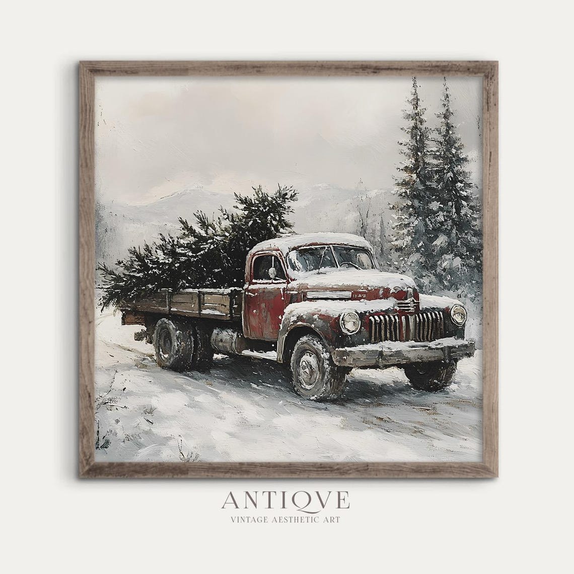Rustic Red Vintage Truck With Christmas Tree Snow Square Art Poster
