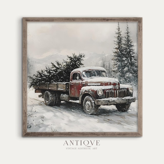 Rustic Red Vintage Truck With Christmas Tree Snow Square Art Poster