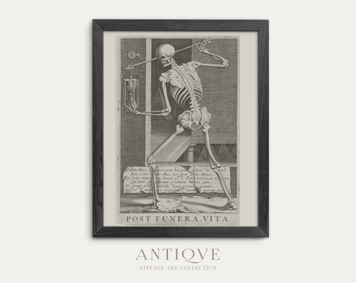Post Funera Vita Skeleton Bow Arrow Vintage Memento Mori Poster - Image 3