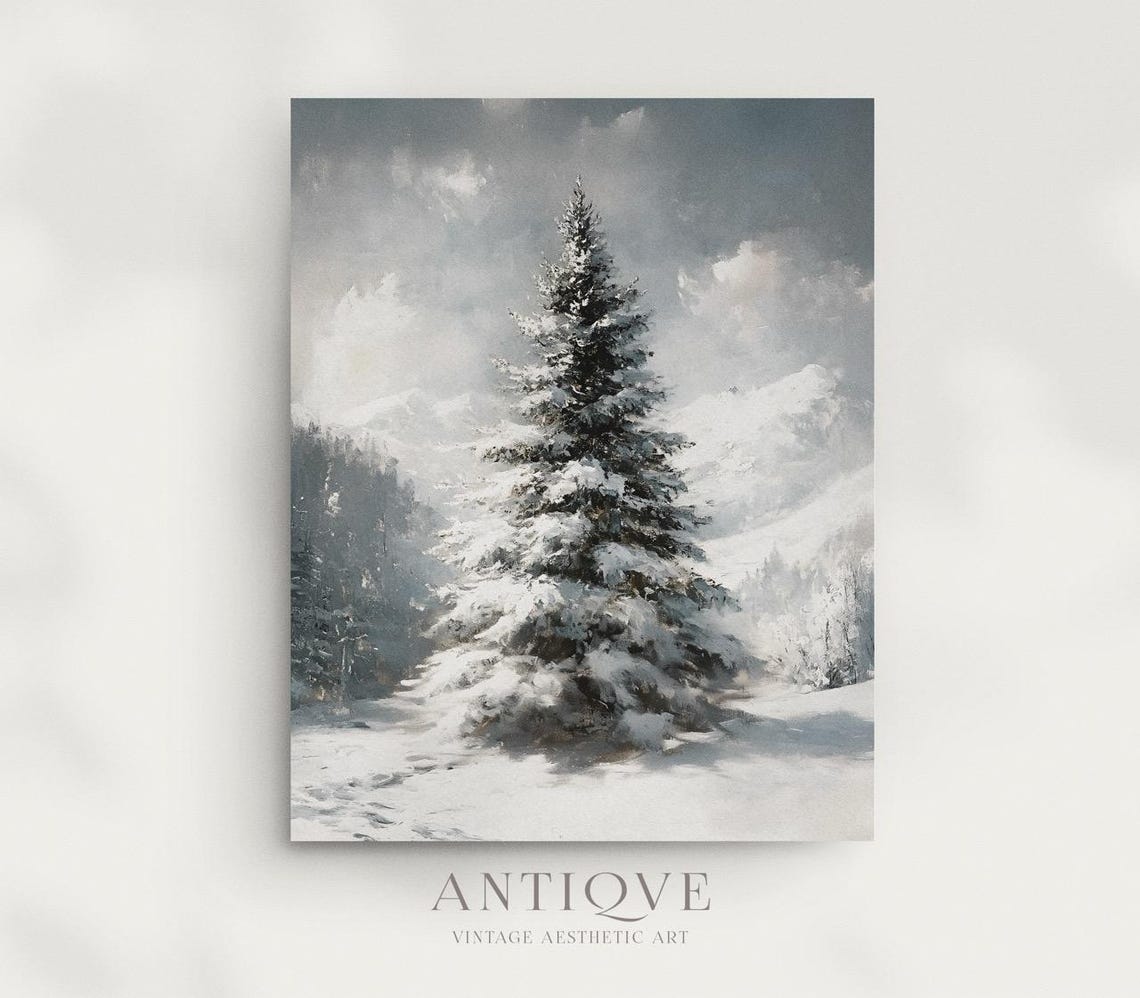 Snow Covered Pine Tree In Winter Mountains Landscape Art Poster - Image 3
