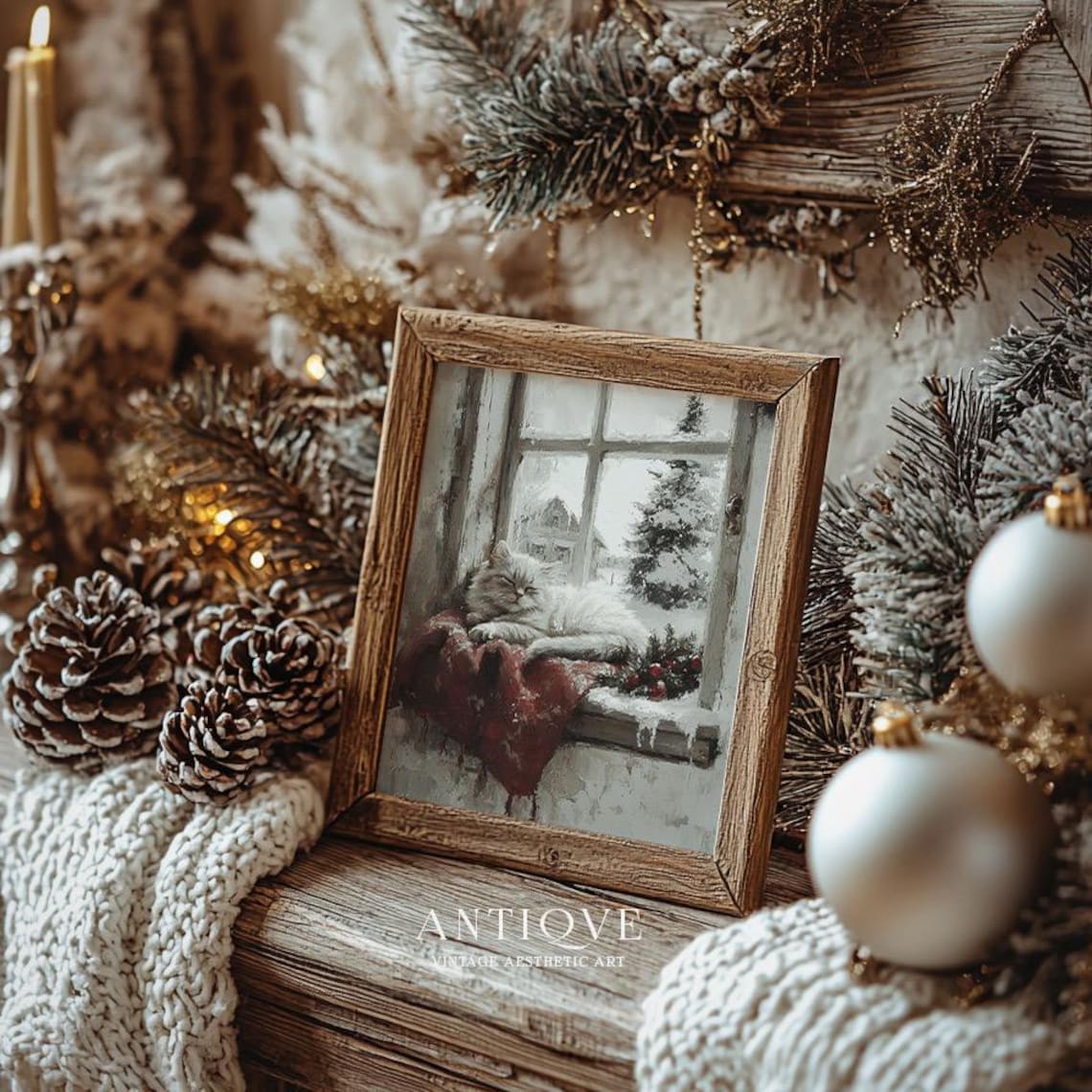 Winter White Cat Print, Cozy Rustic Farmhouse - Image 2