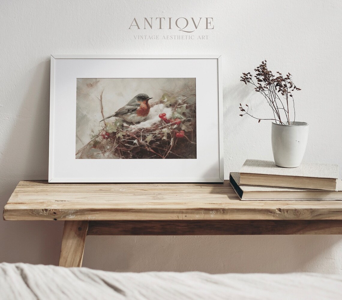 Robin In Nest In The Snow Rustic Christmas Art Print - Image 4