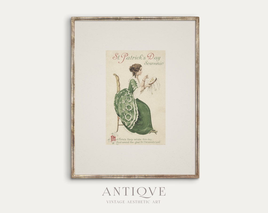 St Patrick's Day Souvenir Lady in Green Vintage Postcard Poster - Image 2