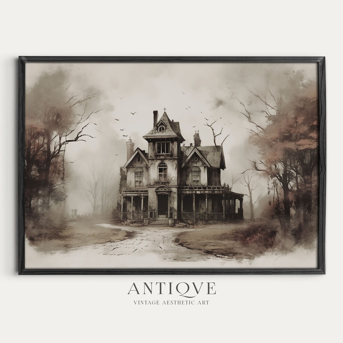Haunted House Illustration Art Print, Neutral Halloween