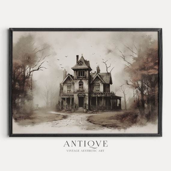Haunted House Illustration Art Print, Neutral Halloween