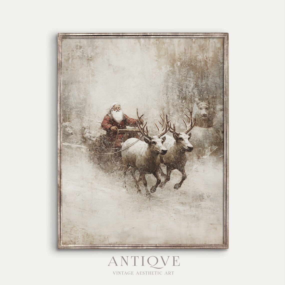 Santa Claus on Sled with Reindeer, Rustic Art Print