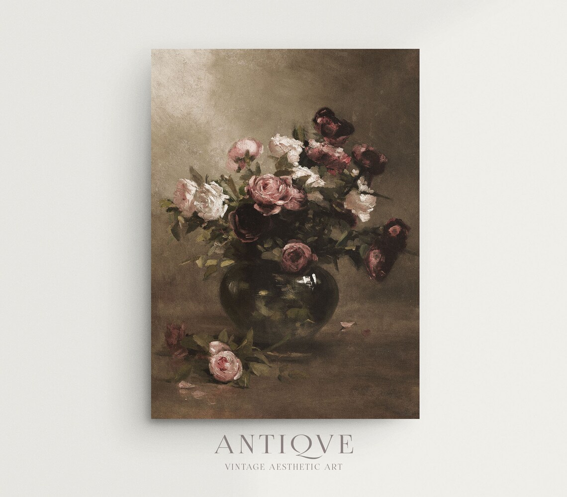 Moody Vintage Roses In Vase Oil Painting Art Print - Image 2