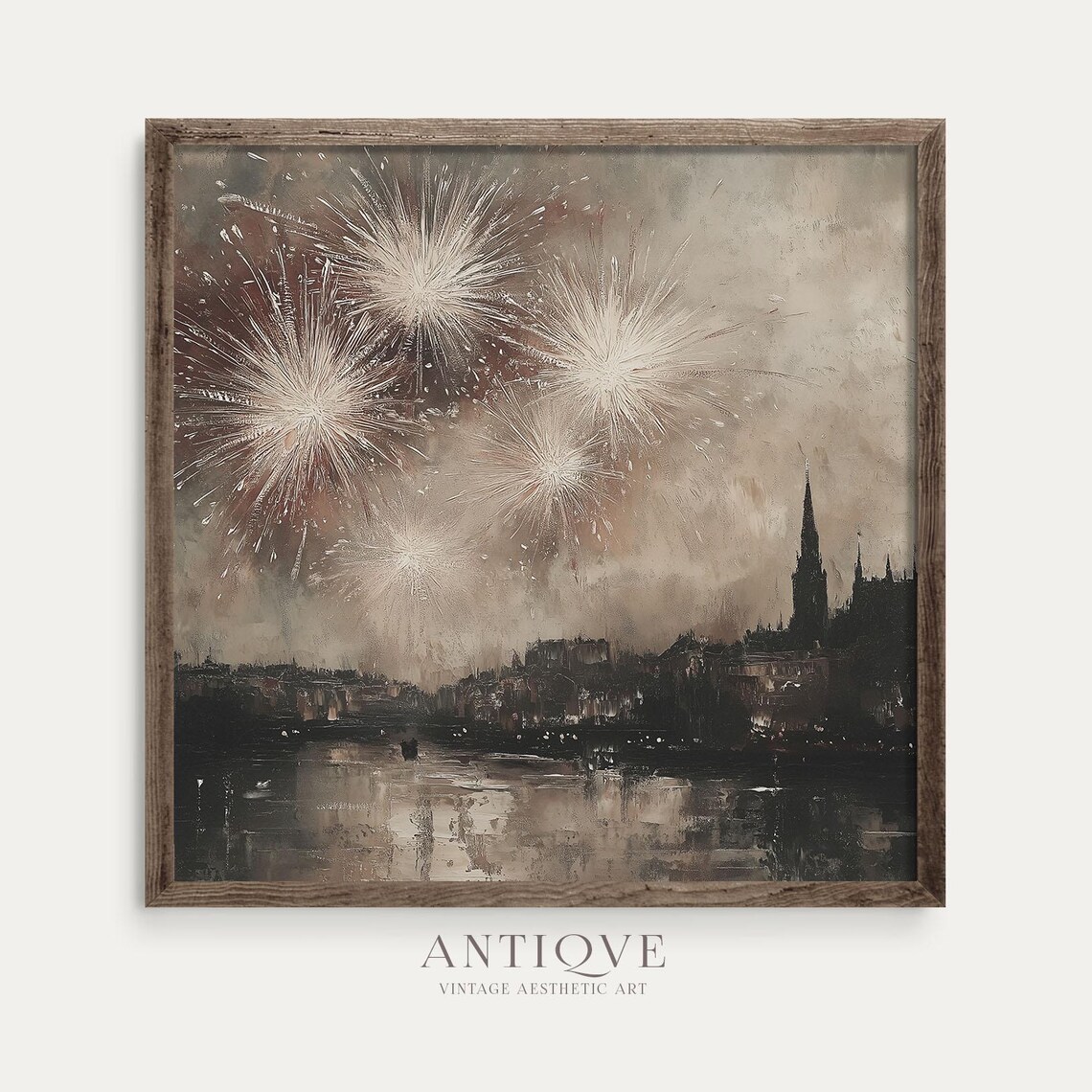 Fireworks Over City Skyline Square Moody Oil Painting Holiday Print - Image 4