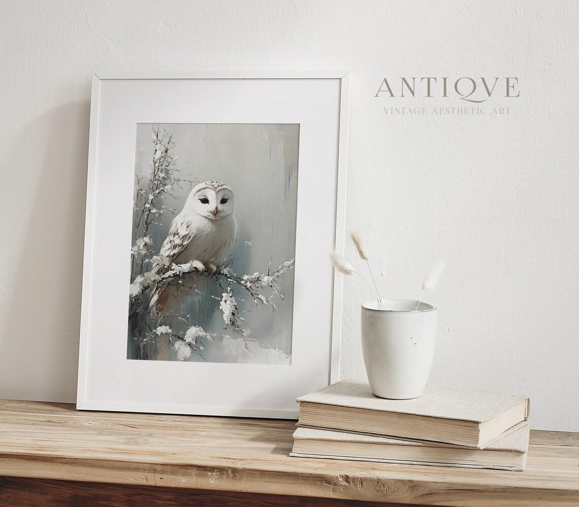 White Owl On Snow Covered Branch Serene Winter Wildlife Art Poster - Image 4