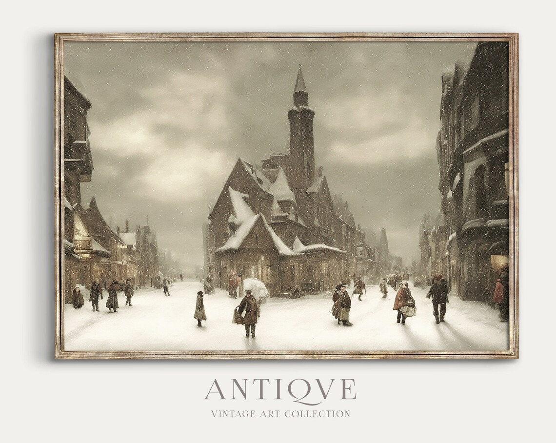 Vintage Snowy Village Street Christmas Art Print
