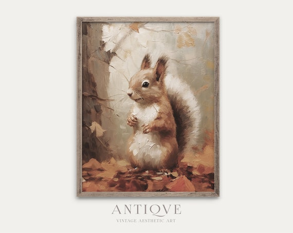 Cute Squirrel Autumn Painting, Rustic Fall Decor