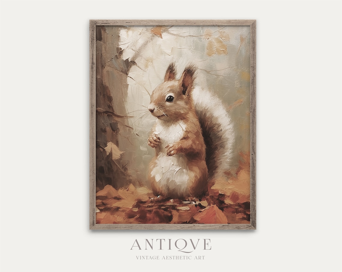 Cute Squirrel Autumn Painting, Rustic Fall Decor