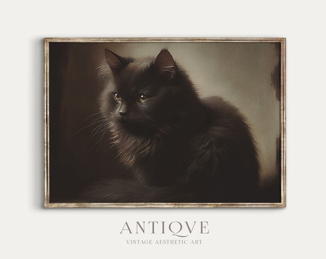 Moody Black Cat Oil Painting Print, Antique Art - Image 2