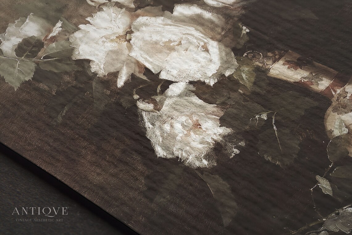Moody Vintage Still Life White Roses, Oil Painting - Image 3
