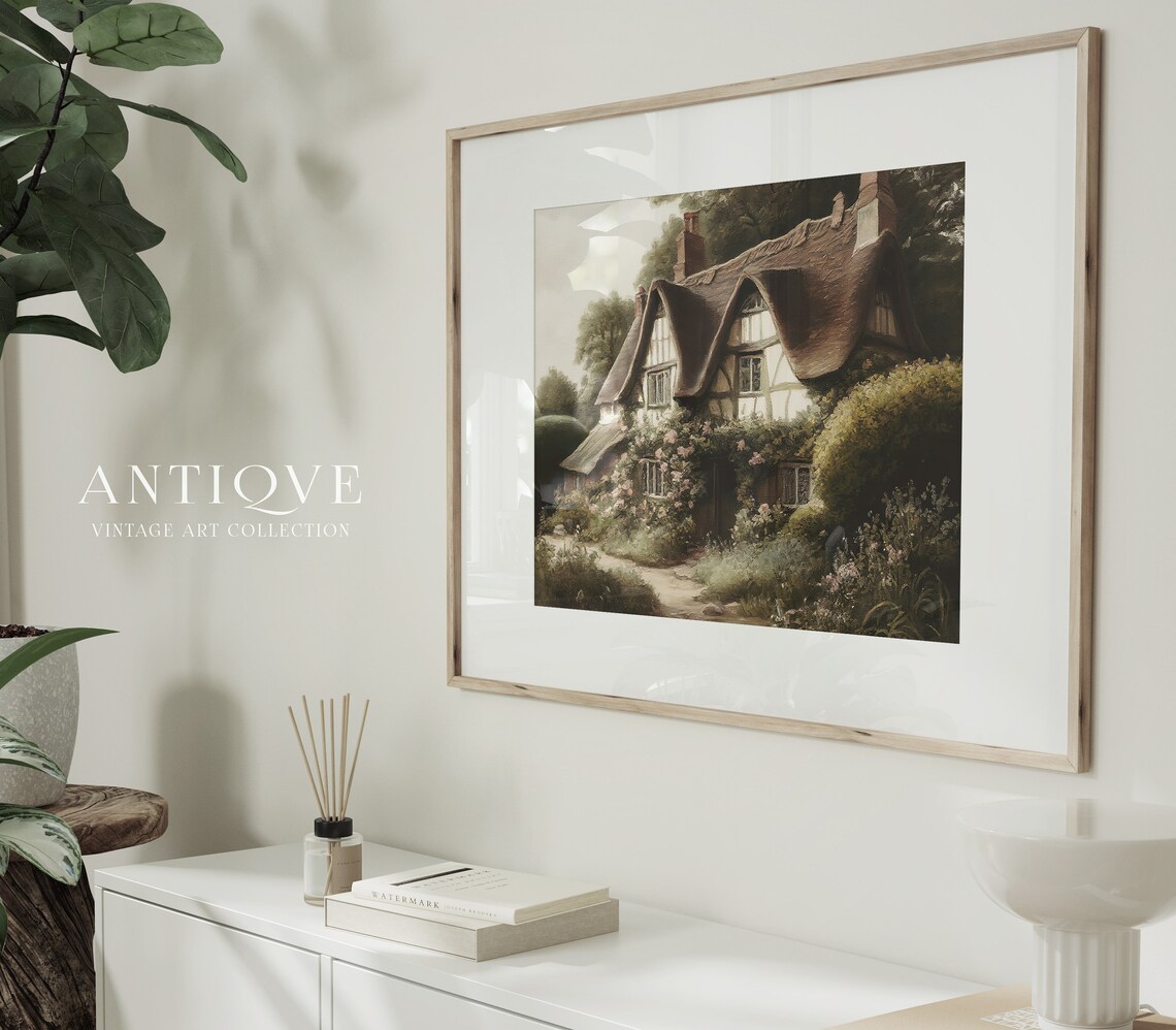 English Thatched Cottage With Roses Art Print - Image 4