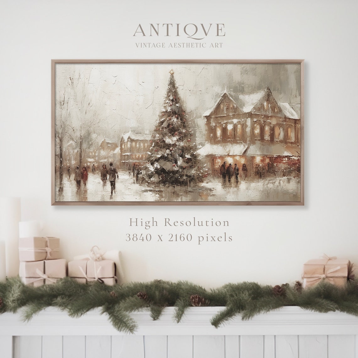 Christmas Town Square with Large Tree Snowy Holiday Painting Print - Image 3