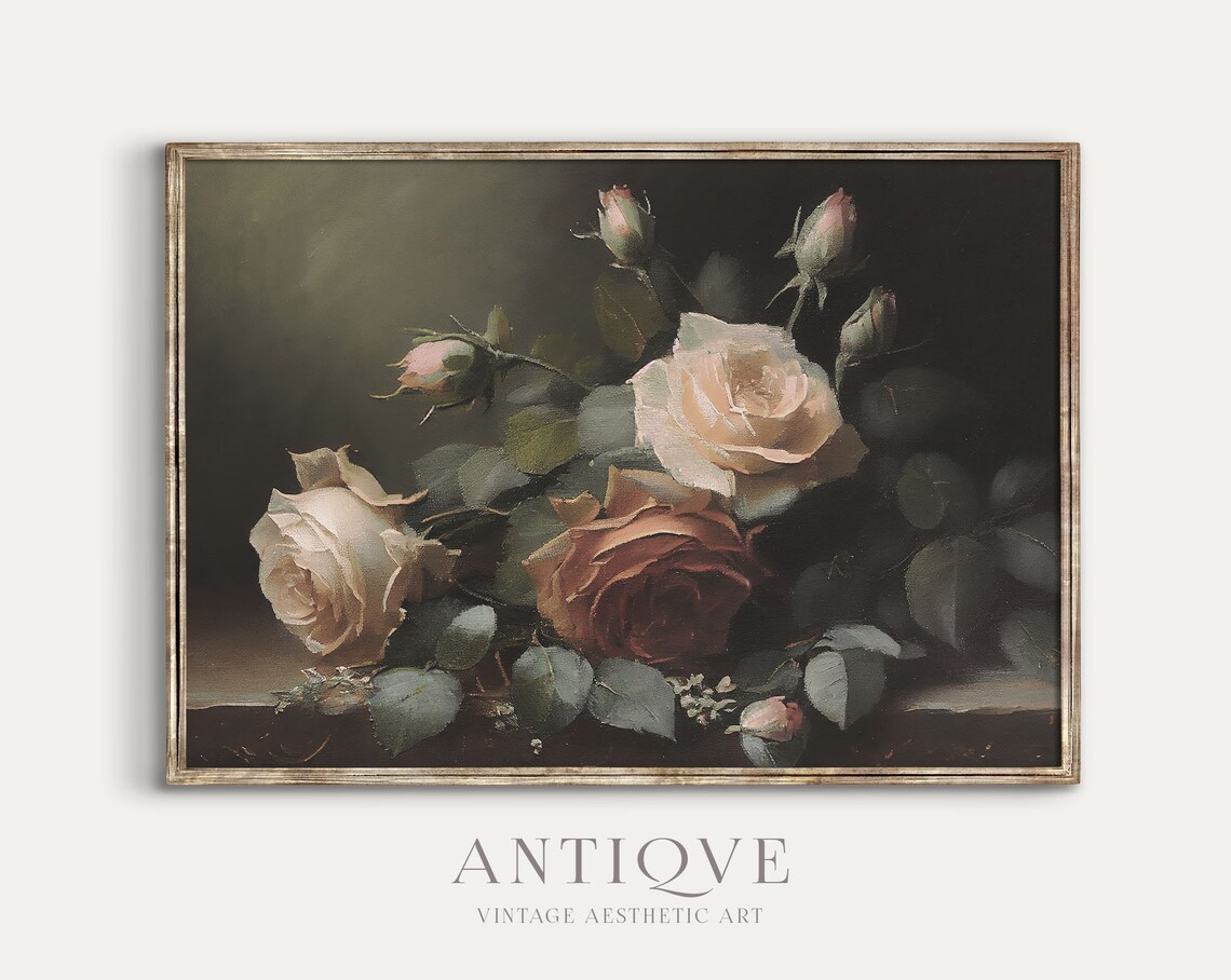 Moody Roses Still Life Oil Painting Art Print - Image 2