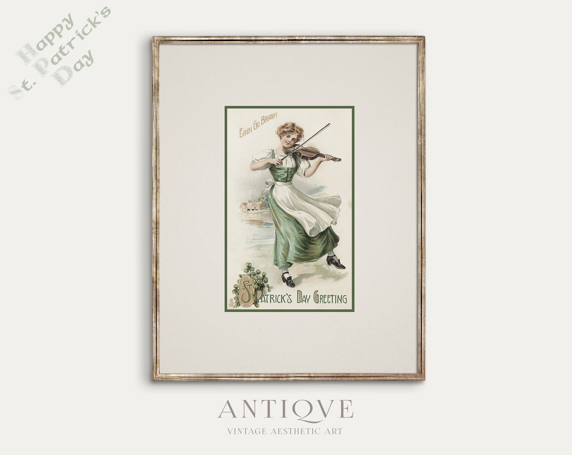 Vintage St Patricks Day Irish Woman Fiddle Sketch