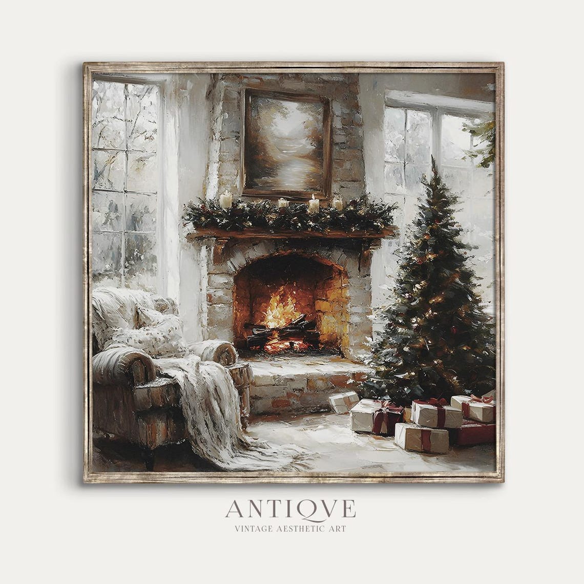 Warm Stone Fireplace With Christmas Tree And Gifts Winter Room Poster - Image 4