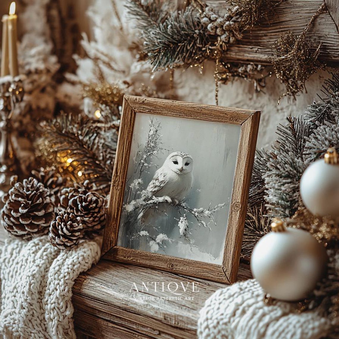 White Owl On Snow Covered Branch Serene Winter Wildlife Art Poster - Image 2