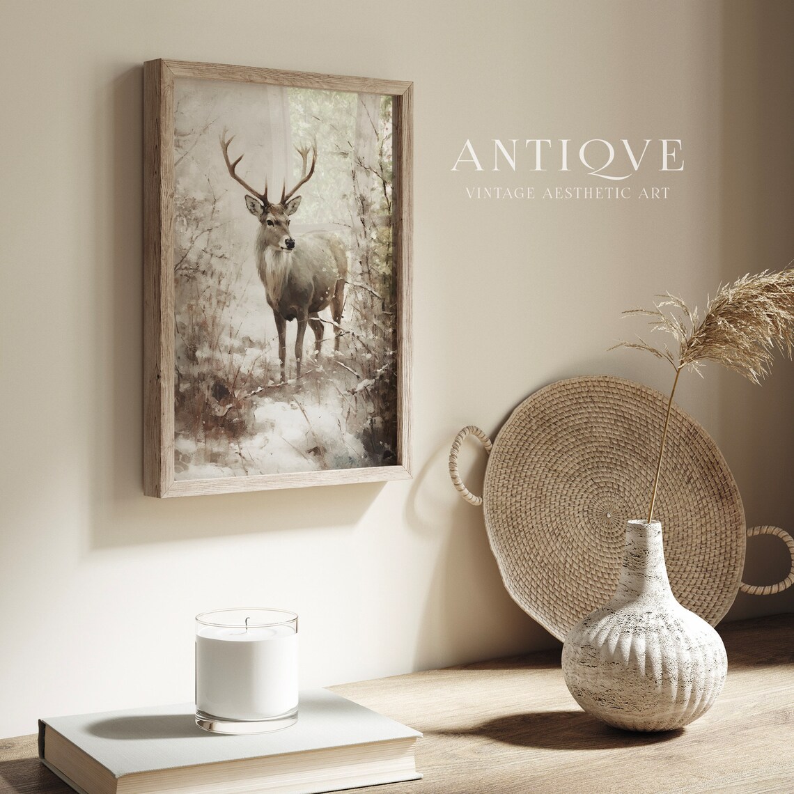 Winter Reindeer in the Snow, Rustic Christmas Art Print - Image 2