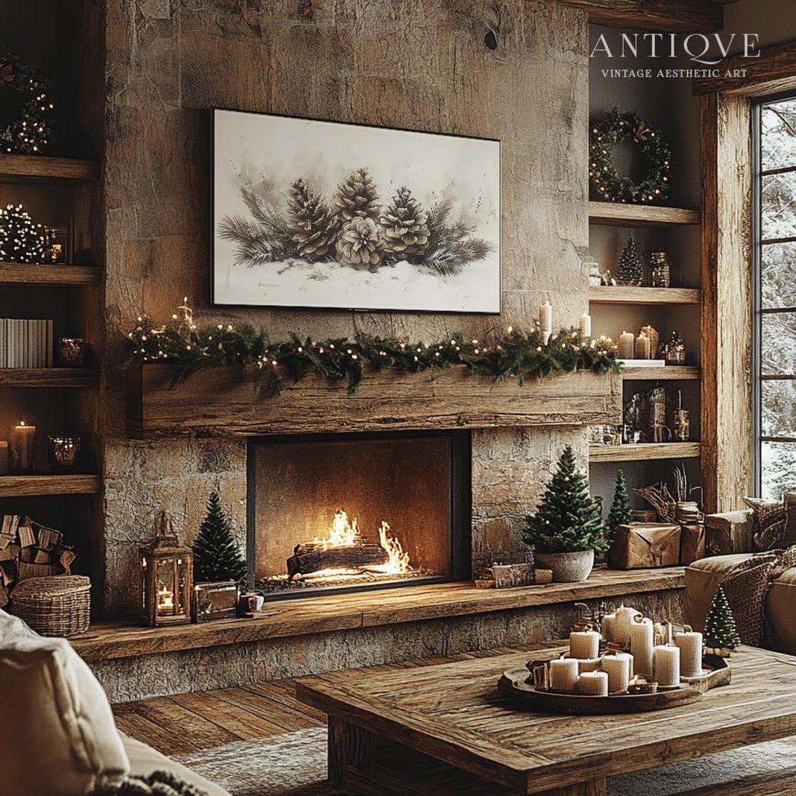 Rustic Pinecone Christmas Sketch Neutral Winter Fine Art Print