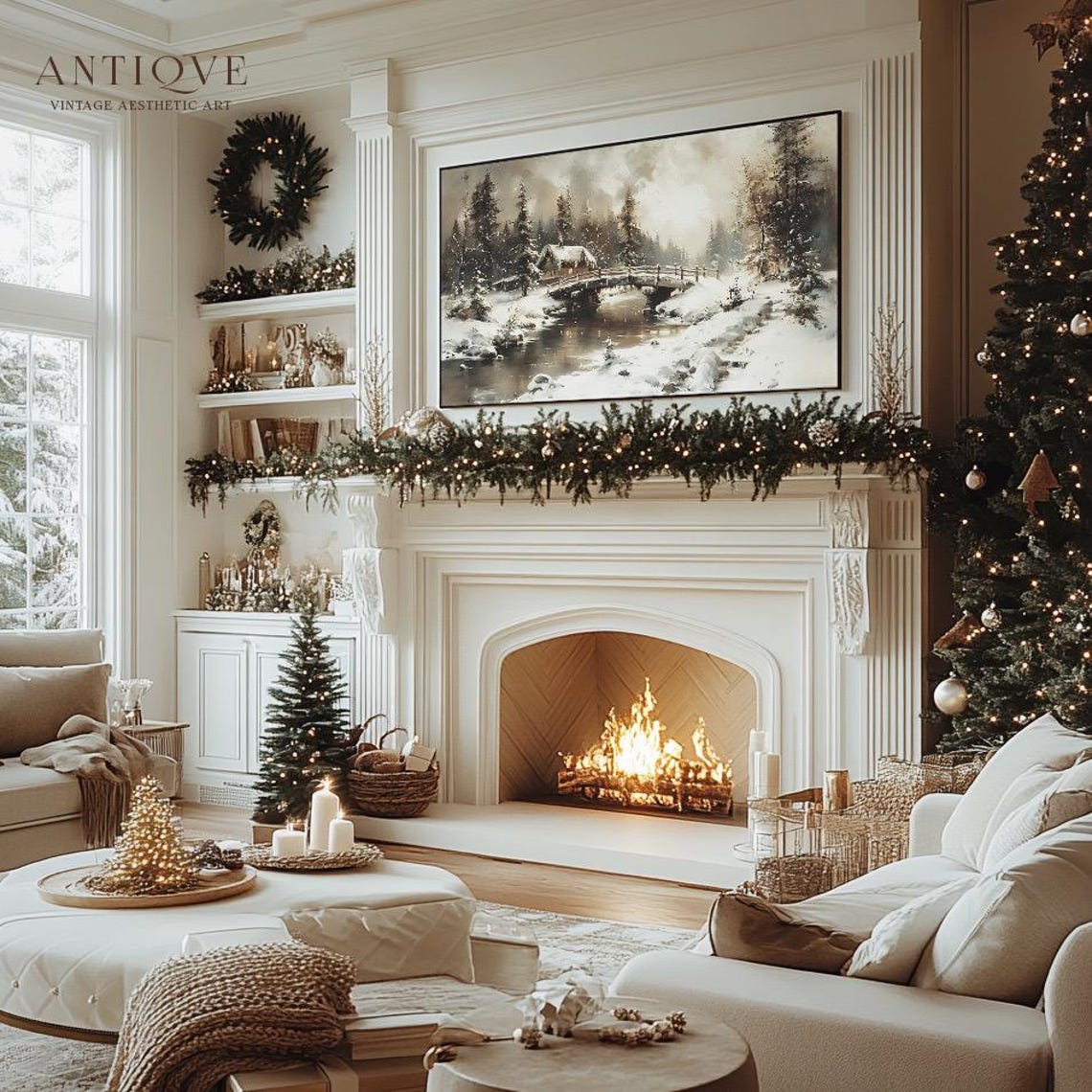 Snowy Wooden Bridge Cottage Rustic Winter Landscape Painting Wall Art - Image 2