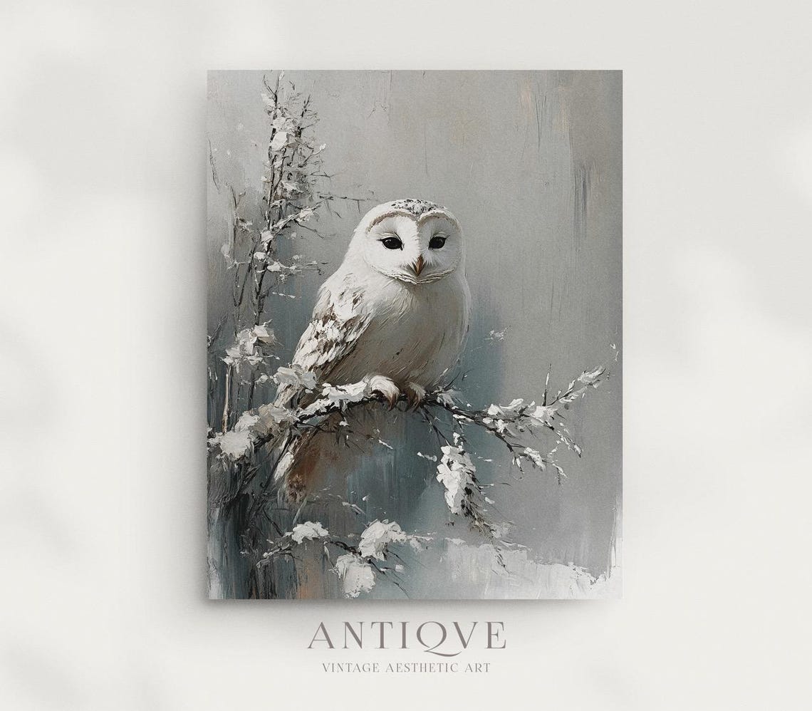 White Owl On Snow Covered Branch Serene Winter Wildlife Art Poster - Image 3