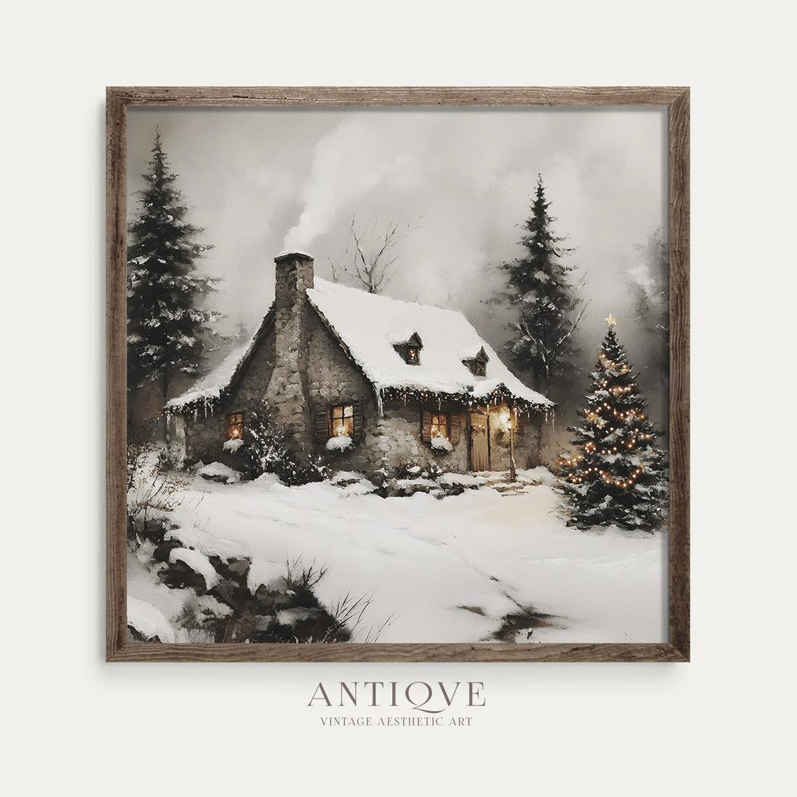 Snow Covered Stone Cottage With Lit Christmas Tree Square Art Poster