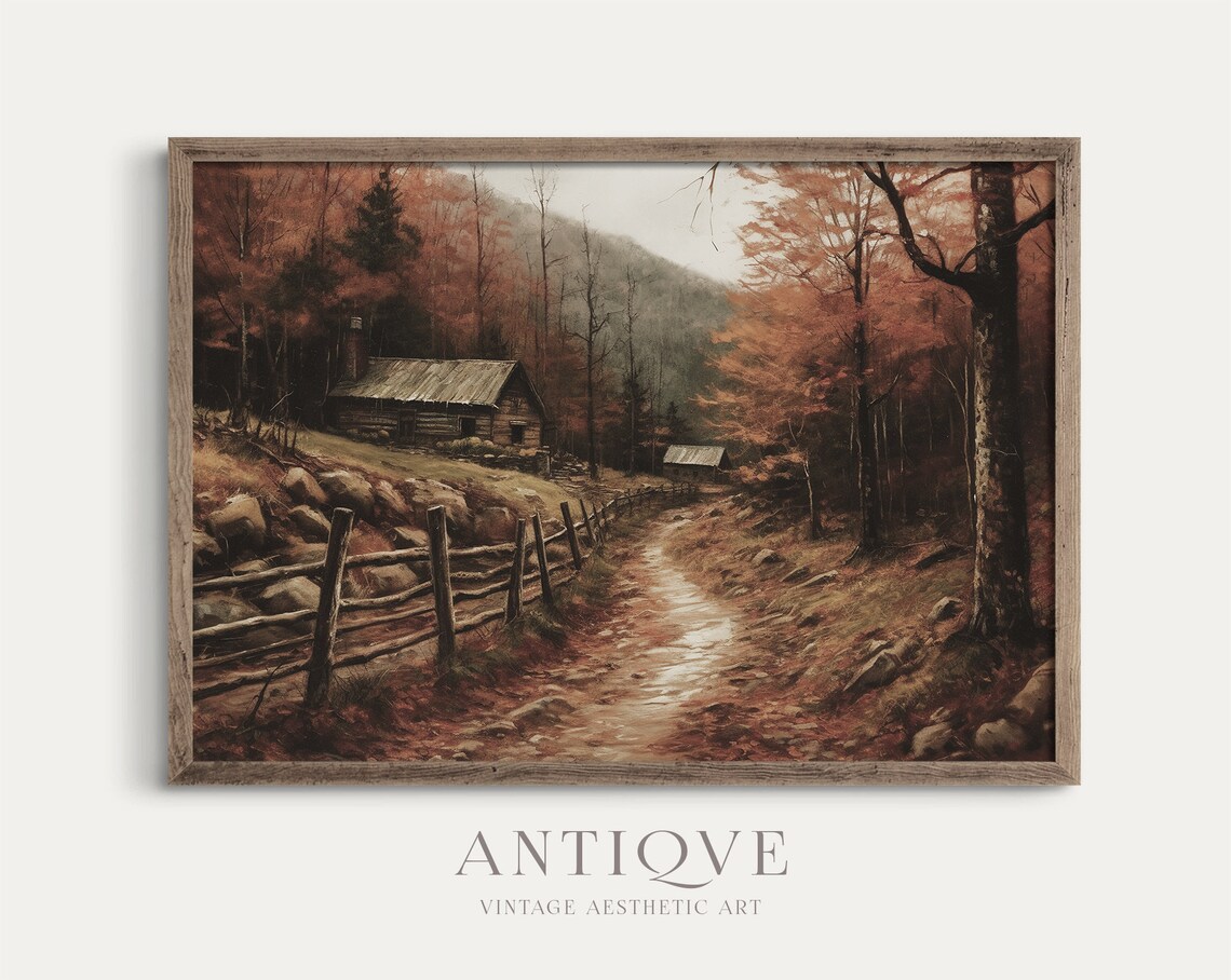 Wooden Cabin In Autumn Woodlands Art Print, Rustic