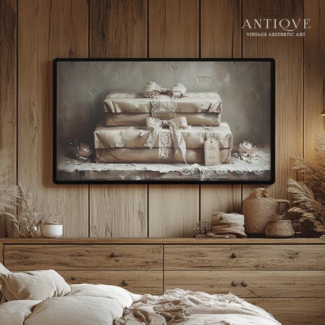 Wrapped Gifts Christmas Art, Neutral Rustic Decor - Image 3