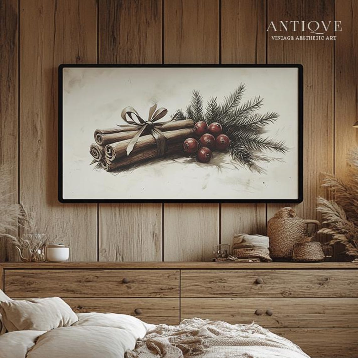 Cinnamon Sticks Tied with Ribbon Red Berries Pine Sketch Wall Art - Image 2