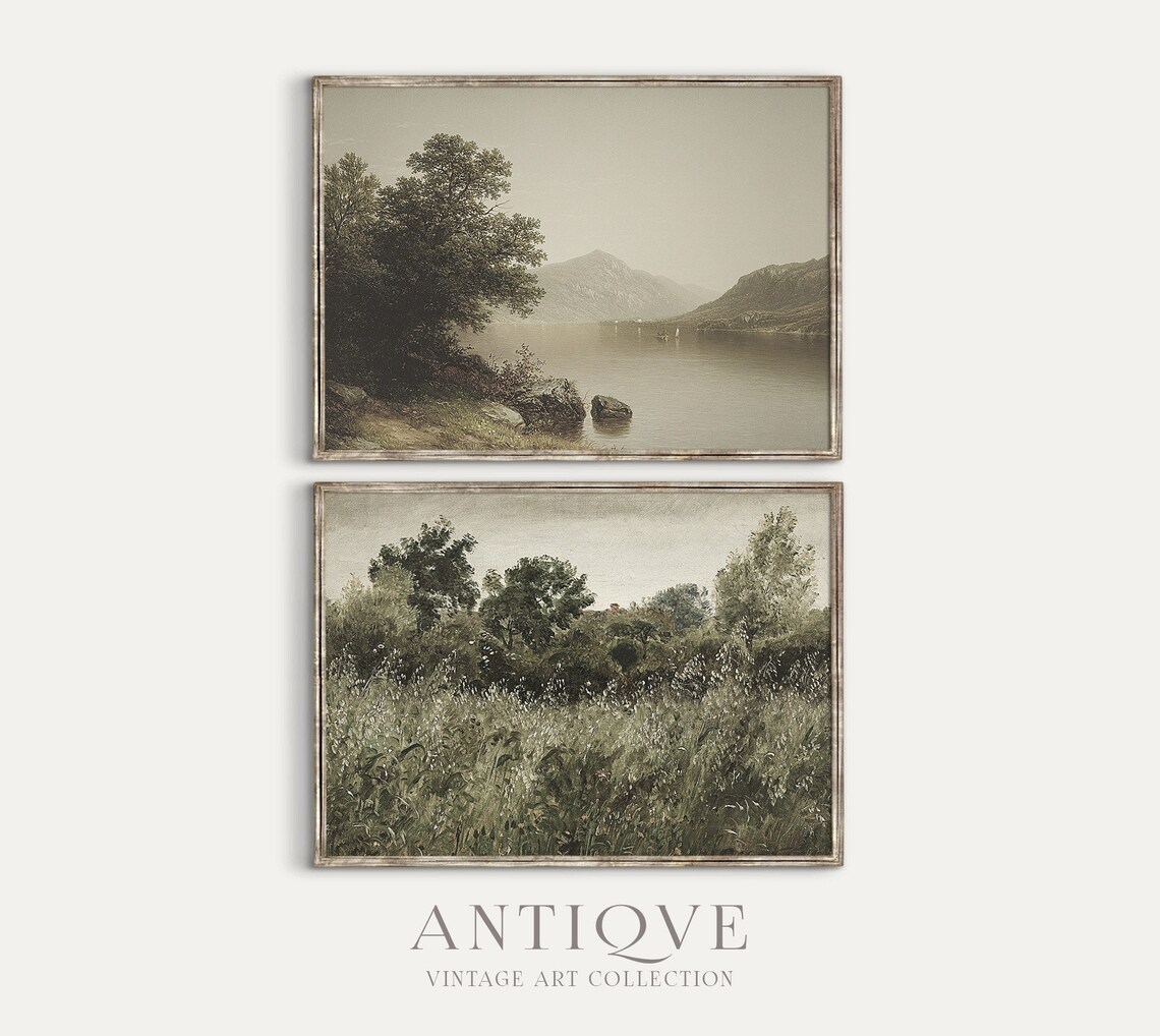 Pair Of Antique Lake And Meadow Landscape Prints Set Of Two Poster