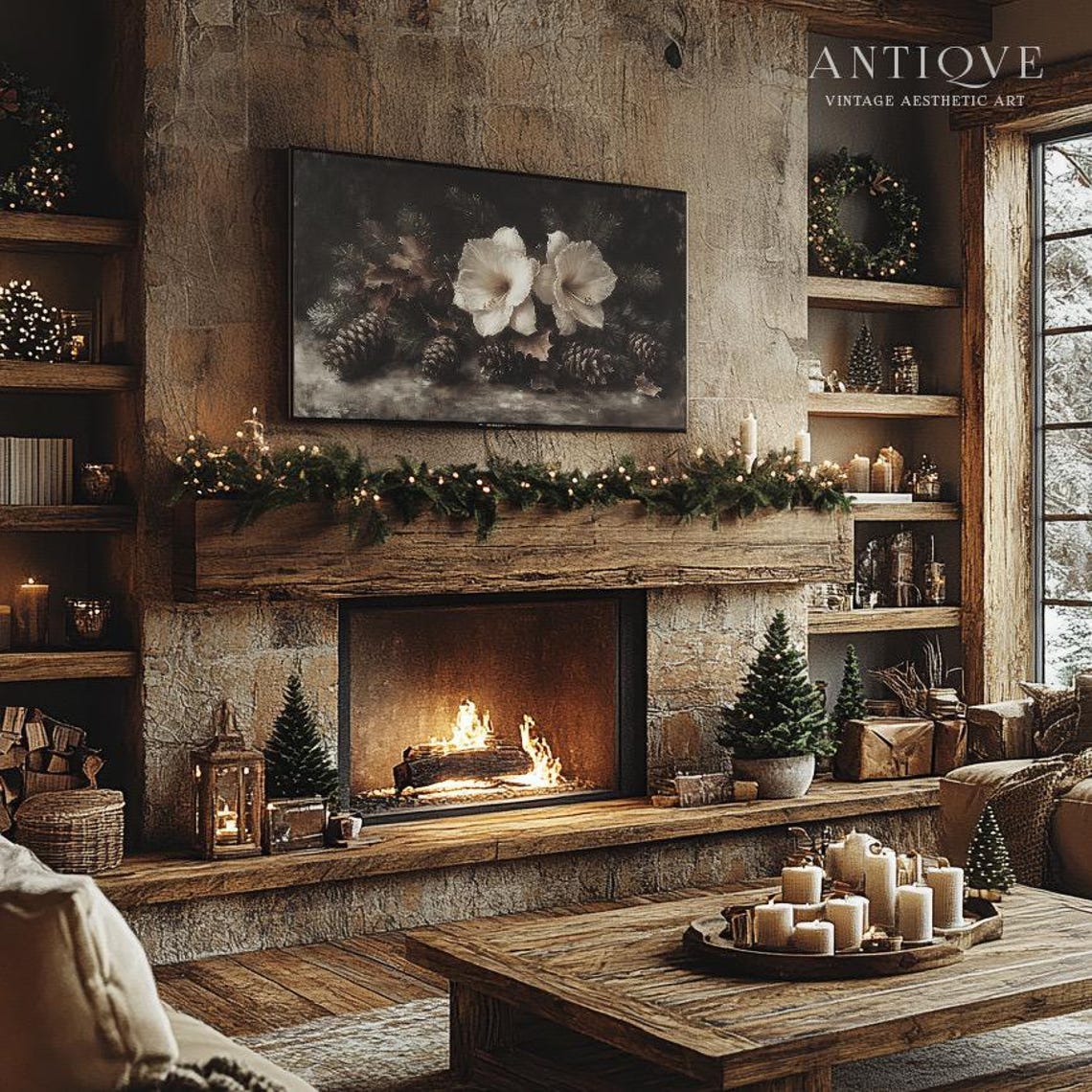 White Amaryllis Flowers With Pinecones Moody Christmas Art Print - Image 3