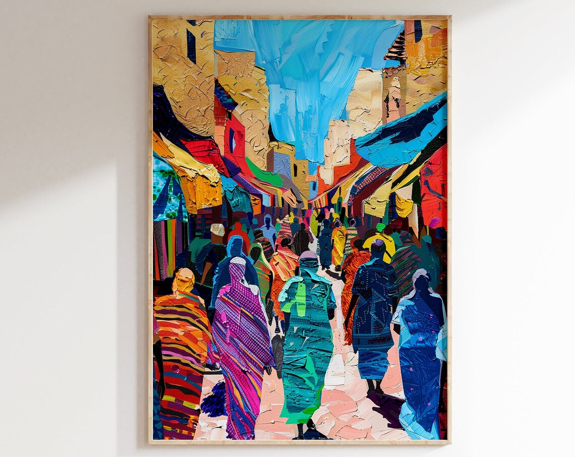 Crowded Colorful Street Market with Robed Figures Impasto Art Poster