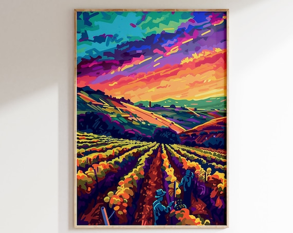 Vineyard Sunrise Harvesters Rainbow Sky Rows Colorful Poster