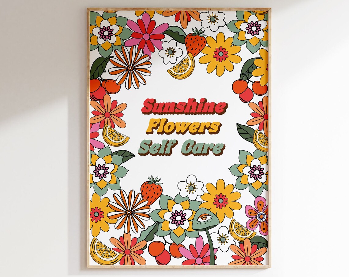 Sunshine Flowers Self Care Retro Fruit Floral Border Art Poster