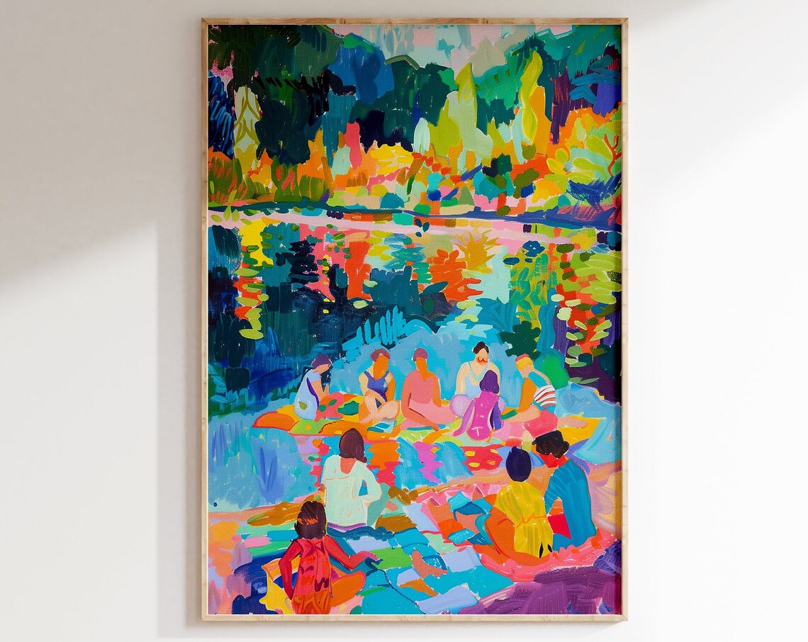 Sunset Lakeside Gathering Friends Colorful Water Scene Poster