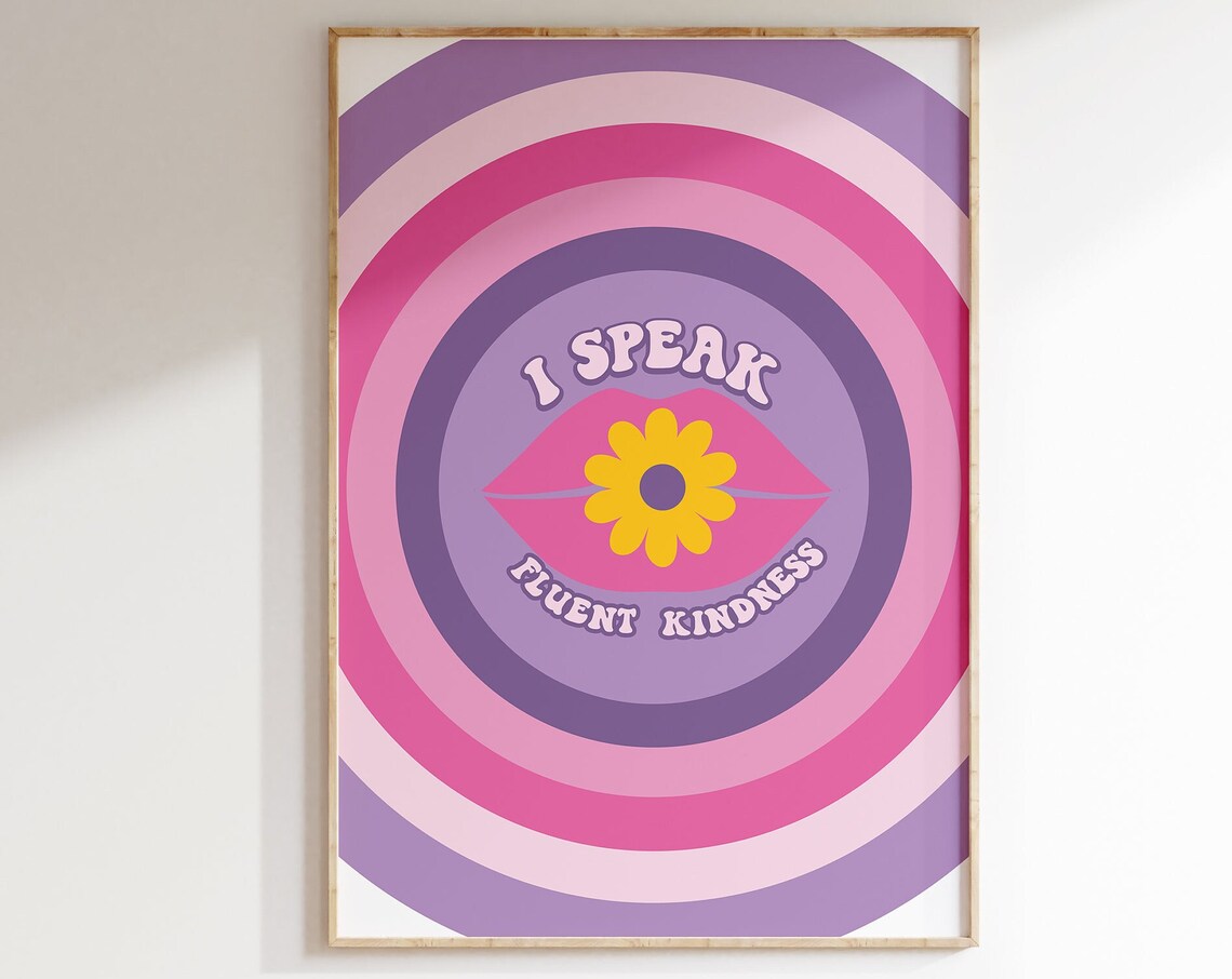 I Speak Fluent Kindness Lips Flower Groovy Retro Artwork Poster