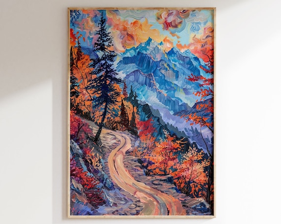 Bold Autumn Mountain Path Orange Trees Expressionist Art Poster
