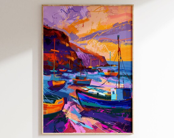 Harbor Sunset Colorful Boats Dark Cliffs Expressionist Poster