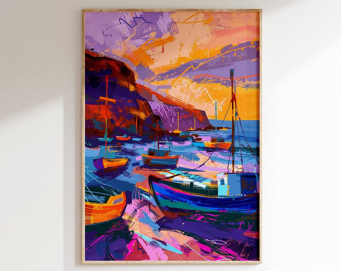 Harbor Sunset Colorful Boats Dark Cliffs Expressionist Poster