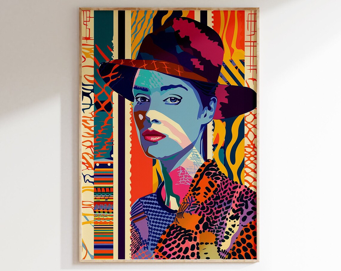 Pop Art Woman in Red Hat Cobalt Blue Portrait Leopard Pattern Poster