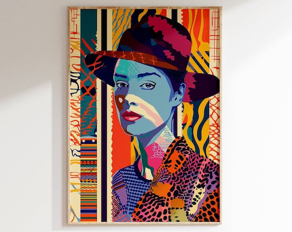 Pop Art Woman in Red Hat Cobalt Blue Portrait Leopard Pattern Poster