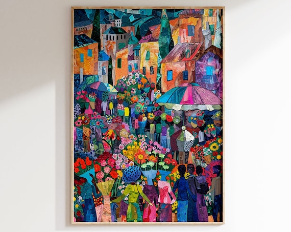 Flower Market Square Bustling Old Town Umbrellas Mosaic Poster