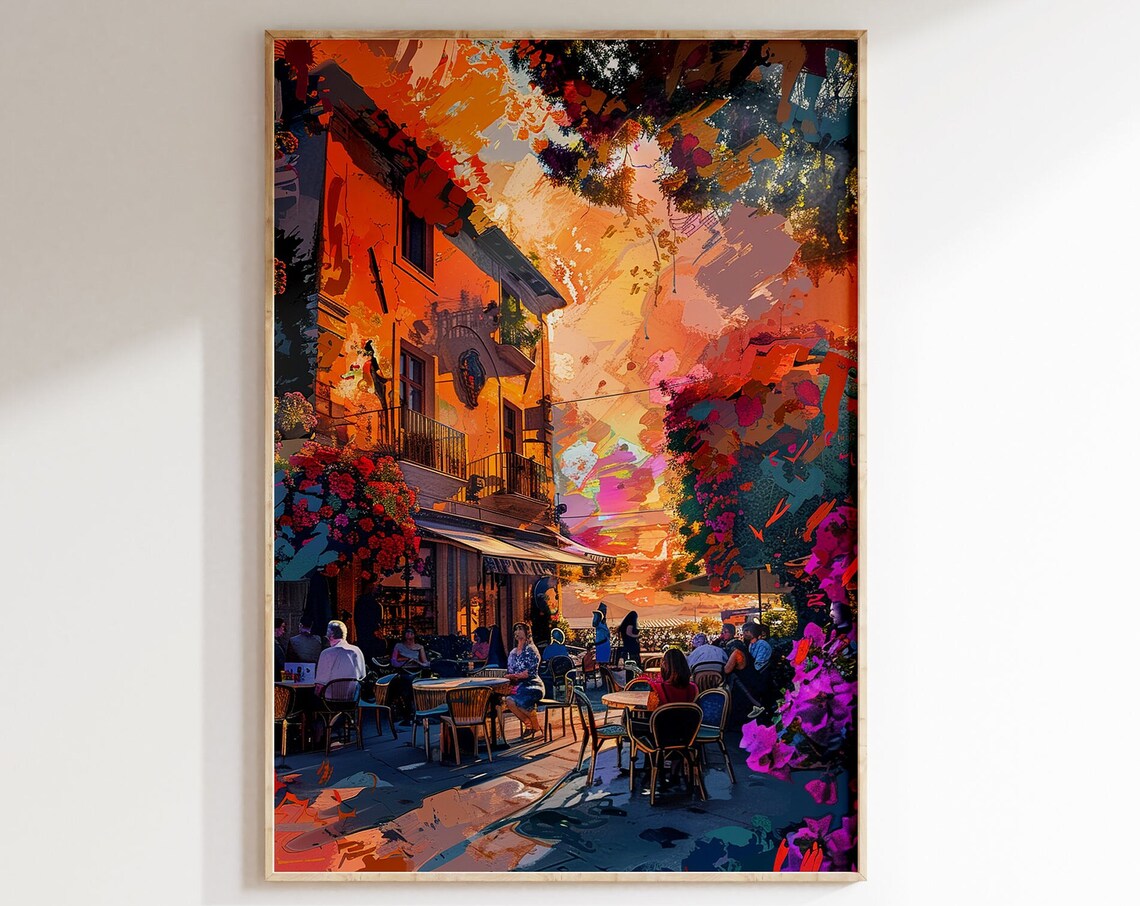 Sunlit European Cafe Street Corner with Flowers Painting Art Poster - Image 5