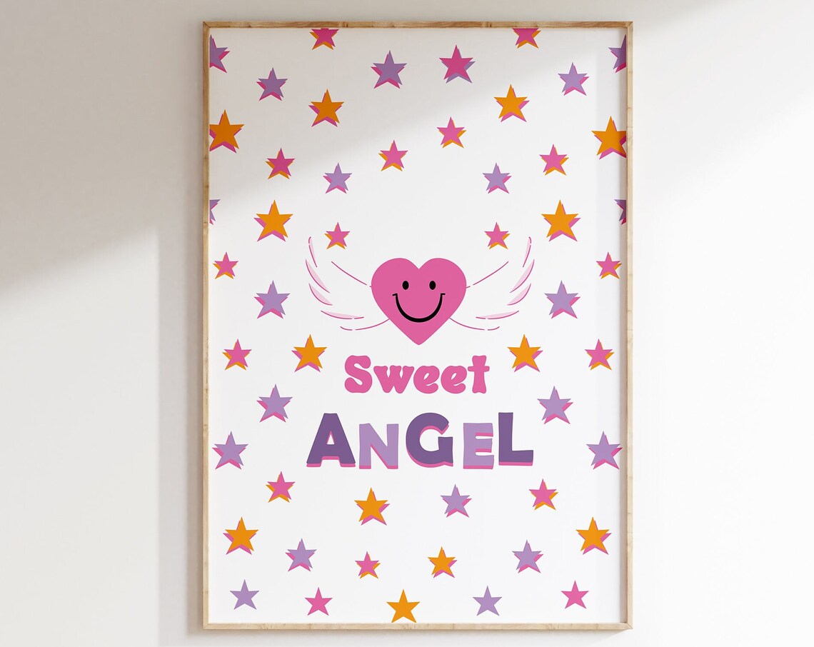 Sweet Angel Heart Retro Pink Stars Kids Room Decor Art Poster