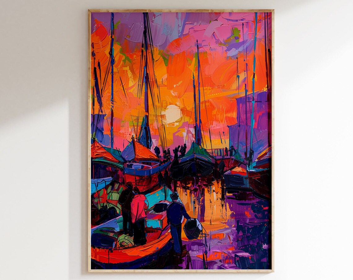 Matisse Inspired Sunset Fishing Boats Fishermen Impasto Art Poster