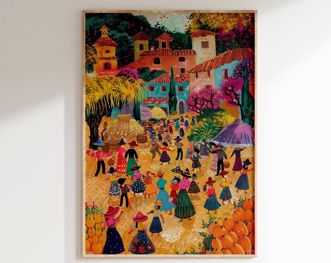 Folk Art Village Harvest Festival Dance with Pumpkins Painting Poster - Image 5