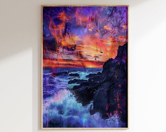 Sunset Ocean Cliffs Birds Purple Orange Dramatic Seascape Poster